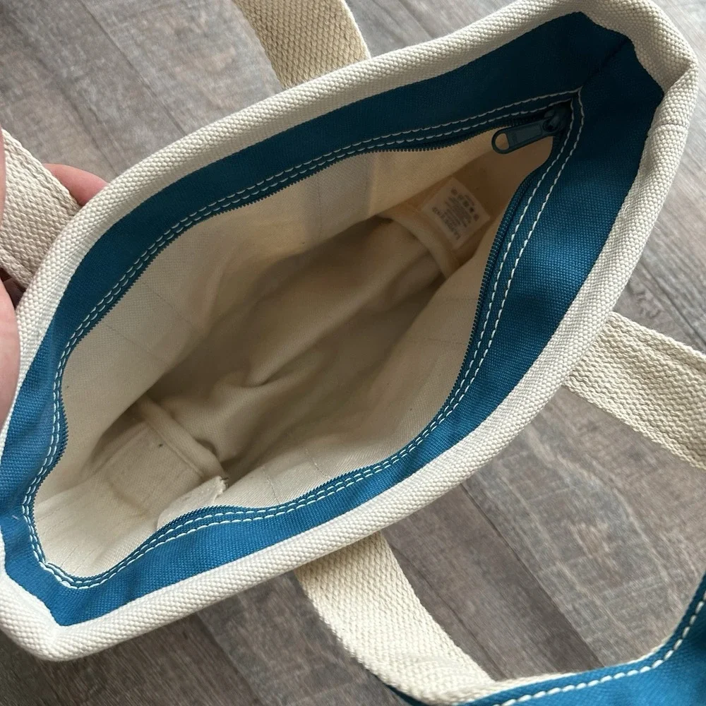 Lands' End Small Zip Top Canvas Tote Bag Natural Teal Monogrammed